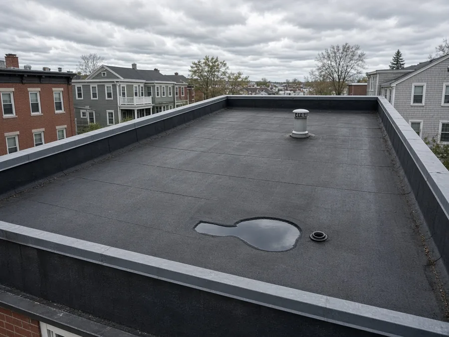 Flat membrane roof with a puddle of standing water on a city building