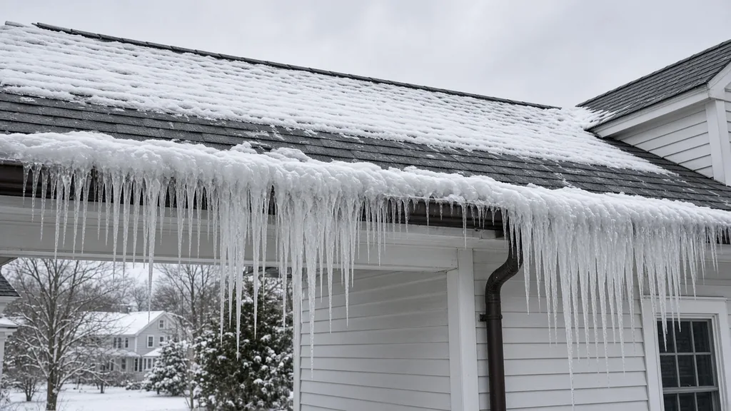 Thick ice dam and icicles hanging from the snow-covered eaves of a New England house
