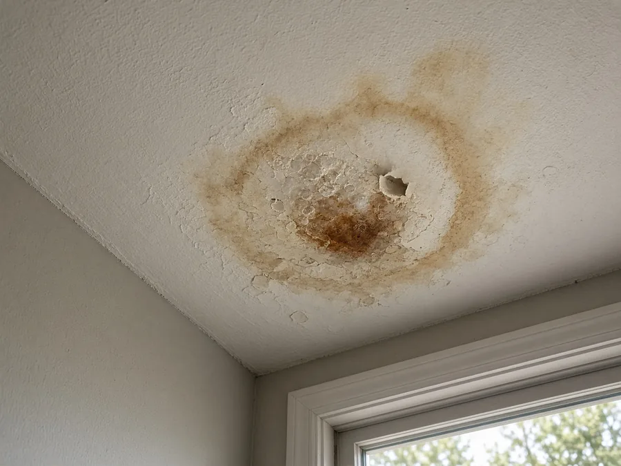 Brown water stain spreading across a white ceiling below a roof leak