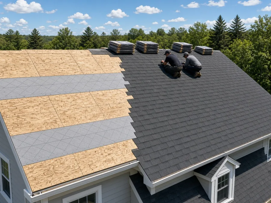 Roof partly stripped to plywood sheathing and underlayment beside new asphalt shingles