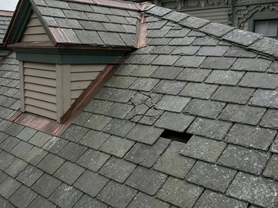 Slate roof with a missing slate near a dormer