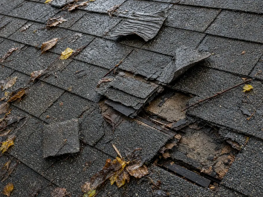 Close-up of torn, lifted, and missing asphalt shingles after a storm